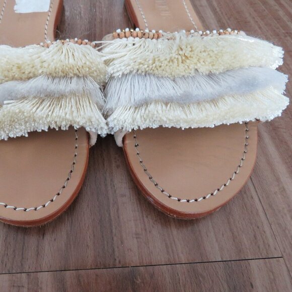 MYSTIQUE Caracas Fringed Leather Slip On Slide Sandals in Beige Beach Size US 7 - Picture 7 of 12